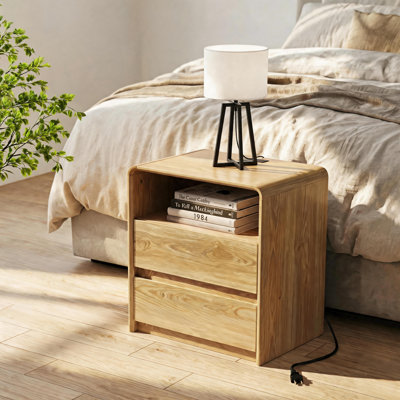 23.6"W Nightstand with Charging Station, 2 Drawers and Open Shelf, Oak