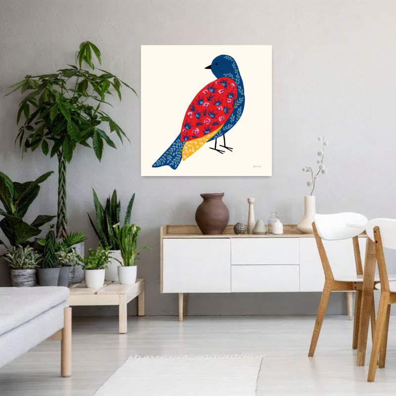 Art contemporain avec oiseau en fleurs, H 36 po x l 36 po