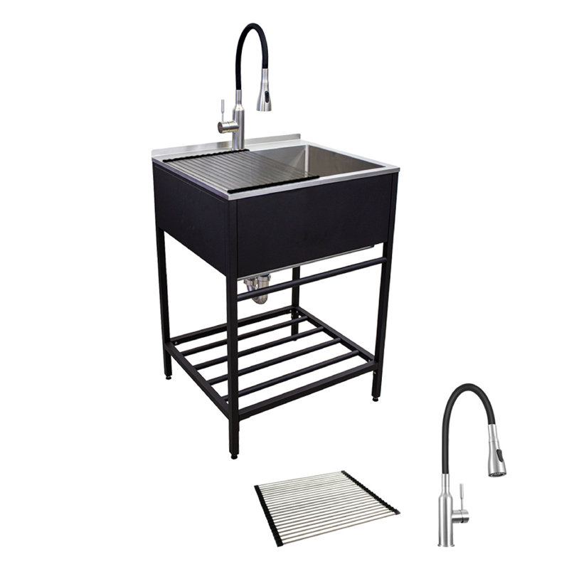 25'' L x 22'' W Freestanding Laundry Sink with Faucet, Matte Black