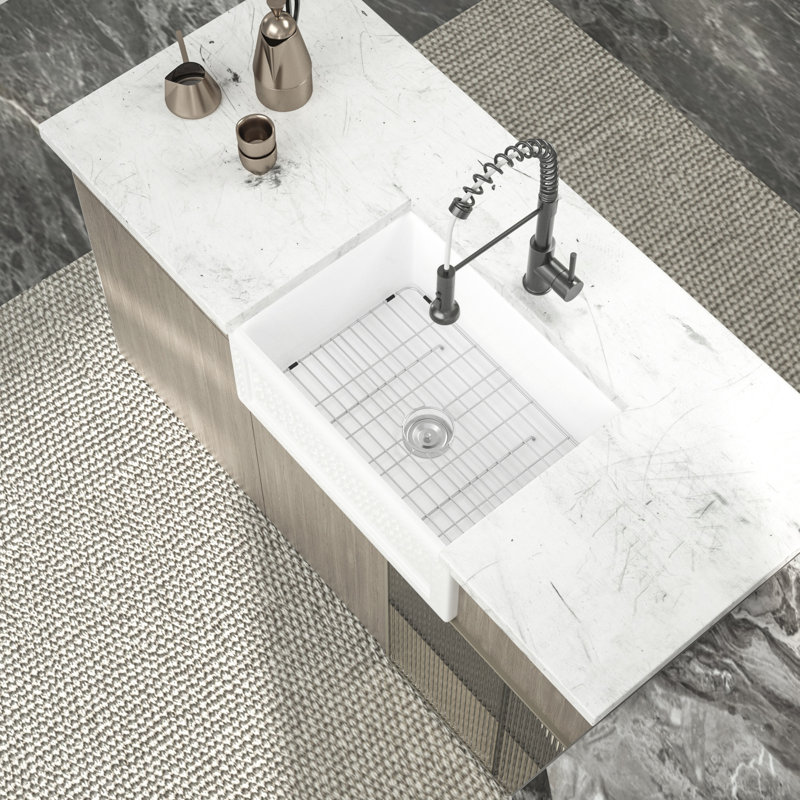 Évier de cuisine à cuve simple en céramique blanche à tablier frontal L 24 po x l 18 po