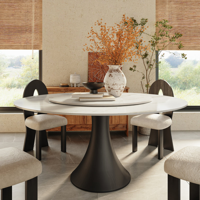 Table de salle à manger ronde à piédestal moderne avec plateau tournant et table de pierre durable Jacquetta, Blanc / Gris