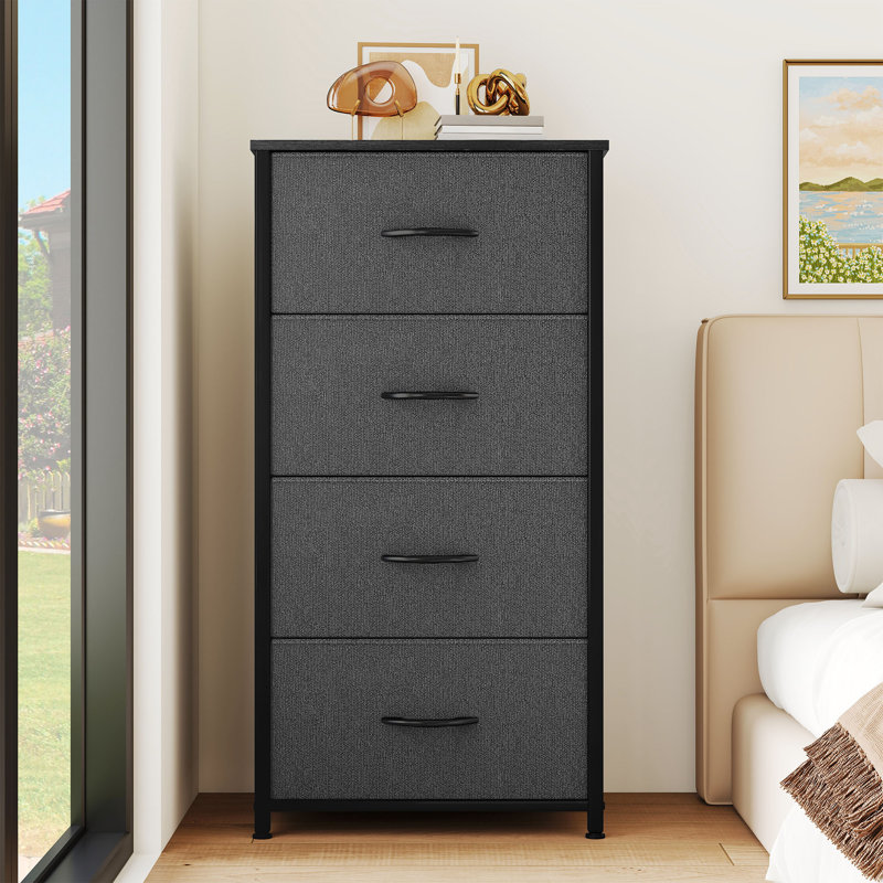 Commode en tissu à 4 tiroirs l 17,7 po Cecilio, Gris foncé / Noir