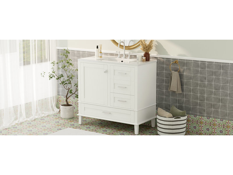 Meuble-lavabo 36 po avec cadre en pin massif, blanc, Or