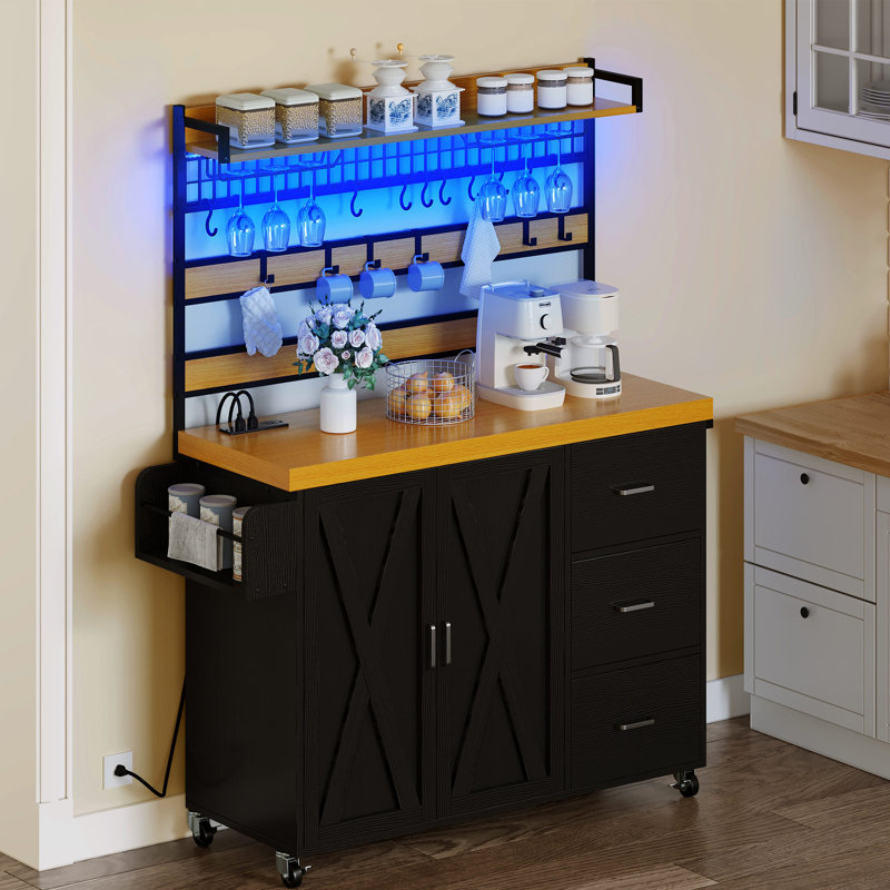 Farmhouse Bakers Rack with Power Outlet and LED Light, Microwave Stand Coffee Bar Cabinet on Wheels, Black