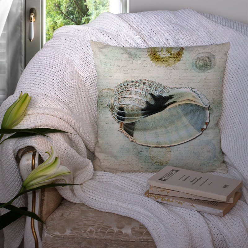 Coussin décoratif intérieur / extérieur beige / bleu Shells, H 18 po x l 18 po x P 5,5 po