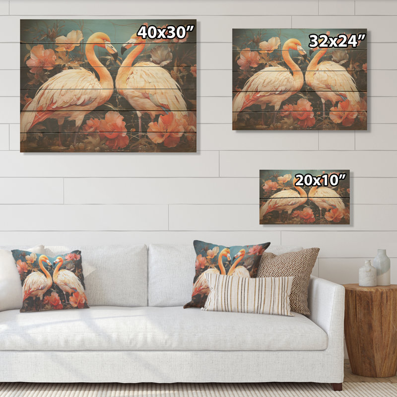 Graceful Orange Flamingo Ballet - Flamingo Wood Wall Art On Natural Pine Wood, 30" H x 40" W