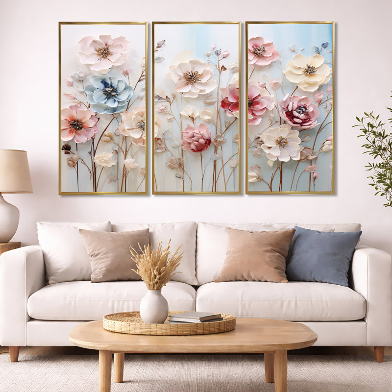 Blanc et rose, merveille florale - art mural floral, Cadre flottant doré, H 40 po x l 60 po x P 1 po