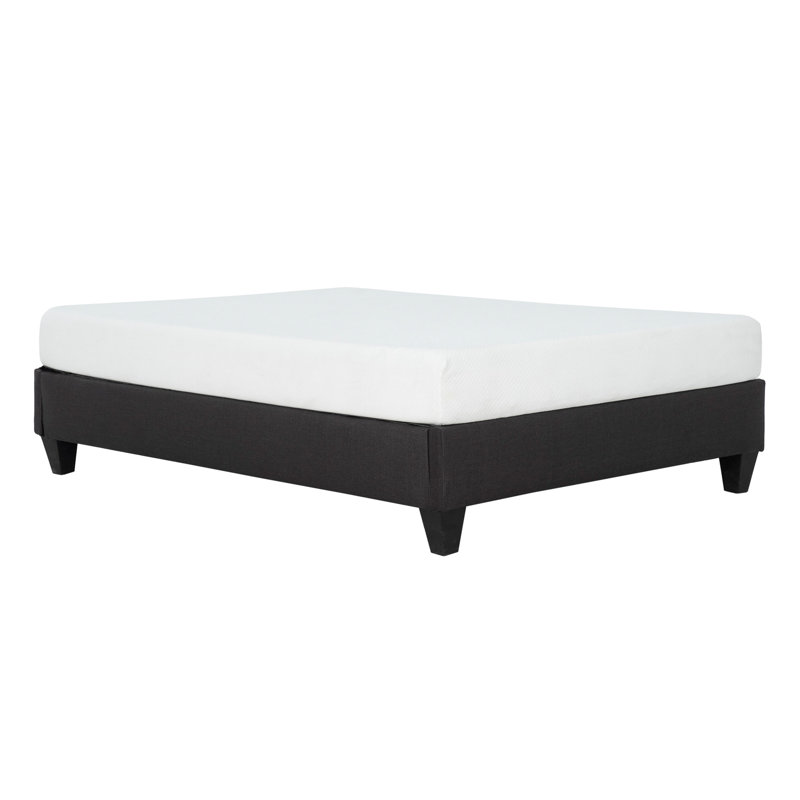 Grand lit plateforme tapissier gris foncé en tissu, structure de lit stable avec base en bois massif pour la chambre à coucher
