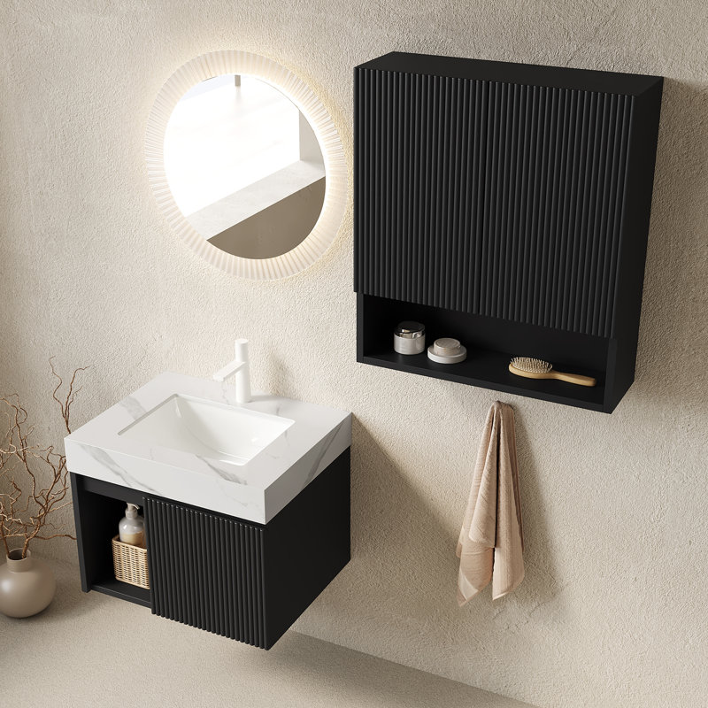 Ensemble meuble-lavabo suspendu EIDEN 61 cm + TOBI 66 cm, avec rangement intégré, comptoir en pierre frittée blanc Carrara, lavabo en céramique, 1 trou pré-percé pour robinetterie, robinetterie et bonde non inclus, couleur noir