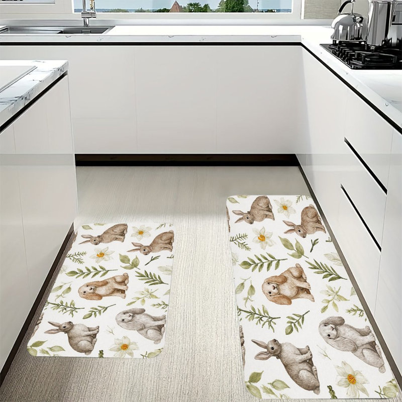 Watercolor Rabbits and Florals, Kitchen Mats Set of 2