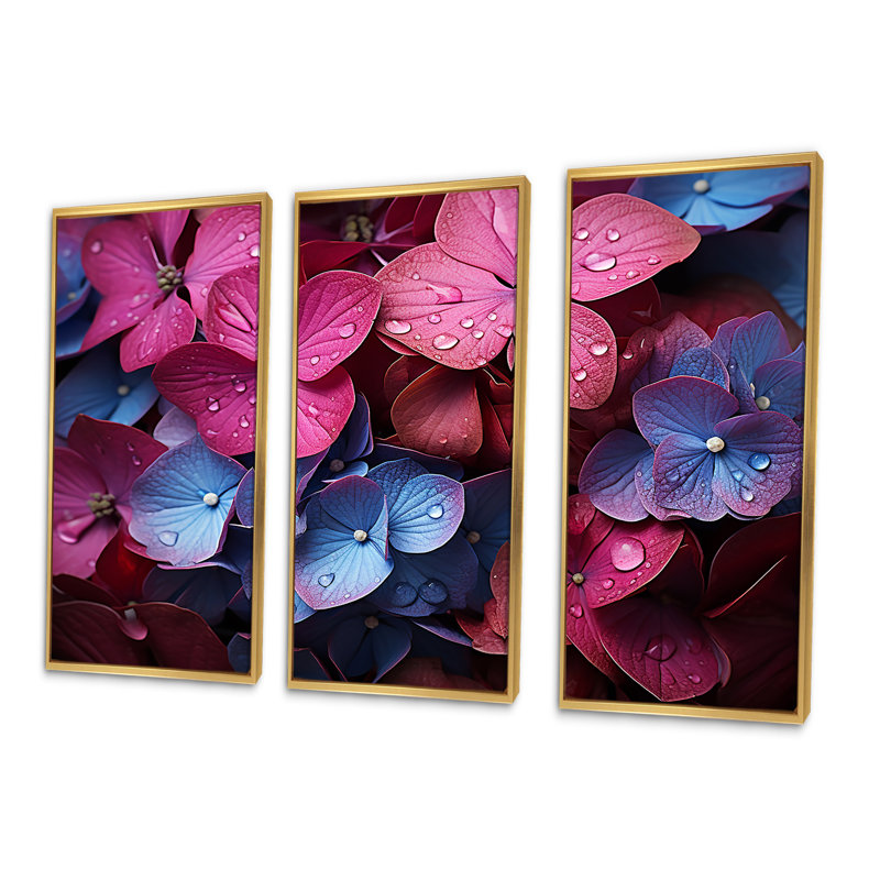 Ensemble de salon Neon Pink Hydrangea Harmony II - Hydrangea Wall Art, Cadre flottant doré, H 32 po x l 48 po x P 1 po