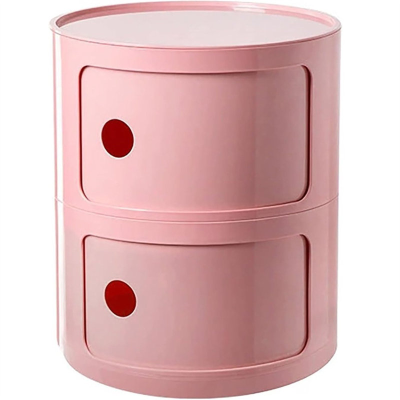Modern Stackable Round Nightstand with Storage – 2-Tier Side Table Cabinet with Drawers, Pink