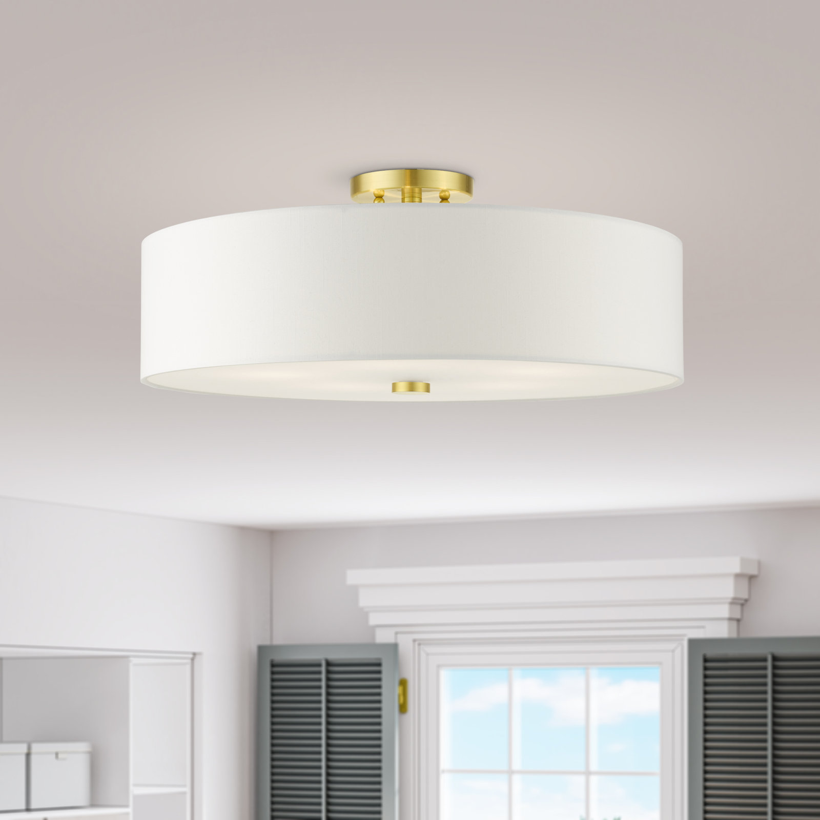 Flaire 5 Light Fabric Semi Flush Mount, Off-White, Satin Brass