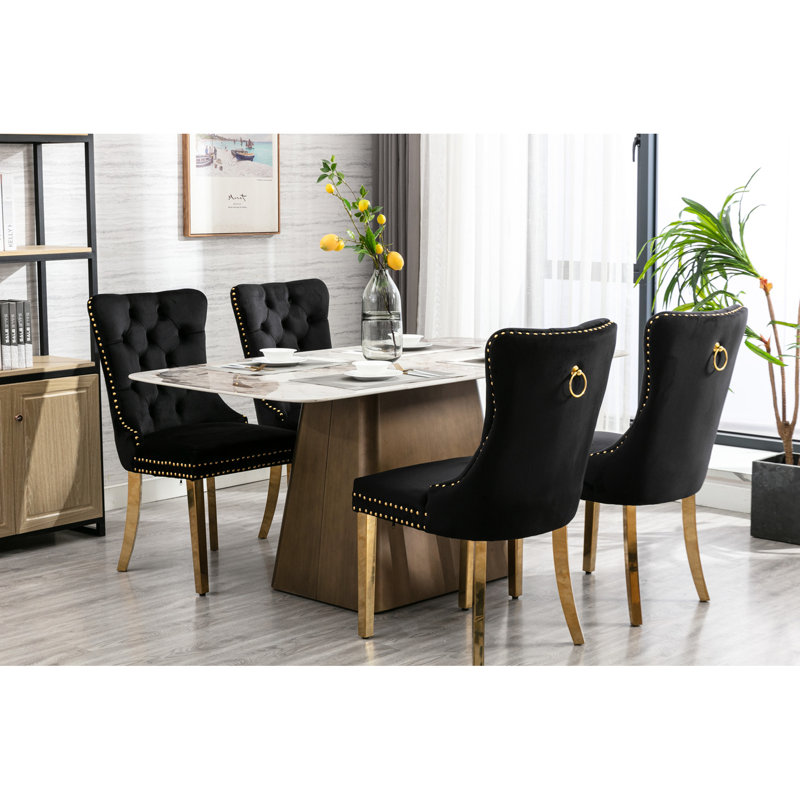 2pcs Dining Chairs, Velvet Upholstered, Black And Golden, Modern Design, , Nailhead Trim, Golden Stainless Steel Legs, A&a Furniture Contemporary Chair , 2pcs,
