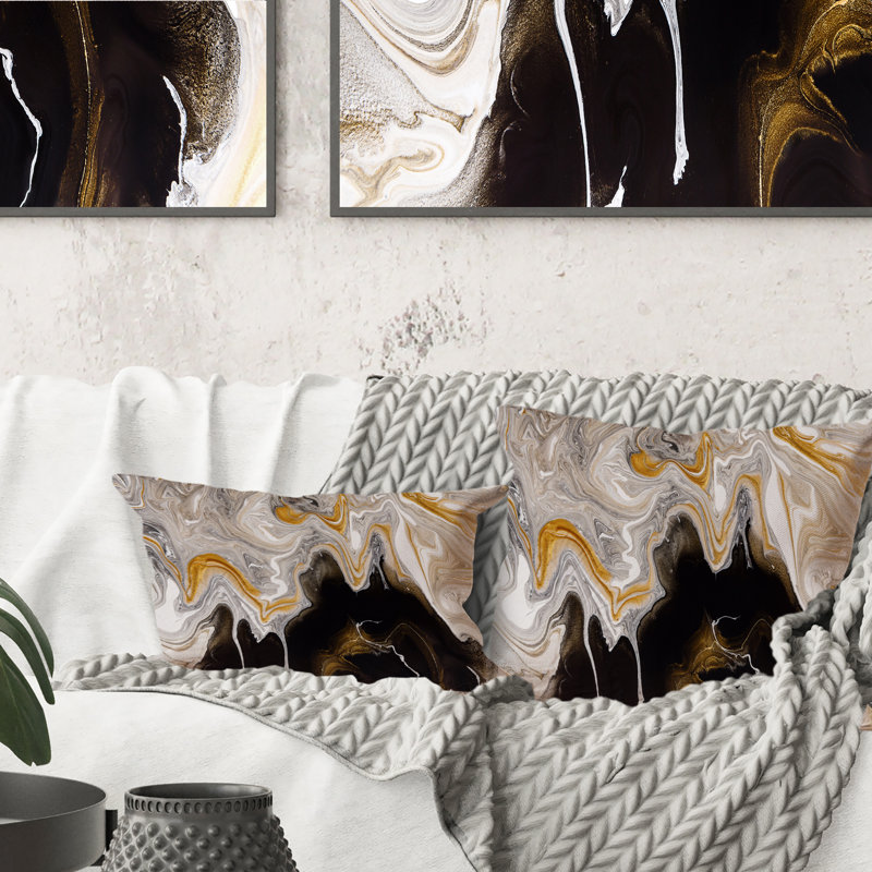 Coussin décoratif noir et blanc à motif de vagues liquides I - Modern Printed 1