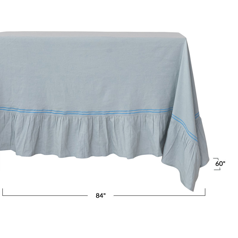 Nappe en coton et lin avec bordure brodée et bordure à volants, Bleu