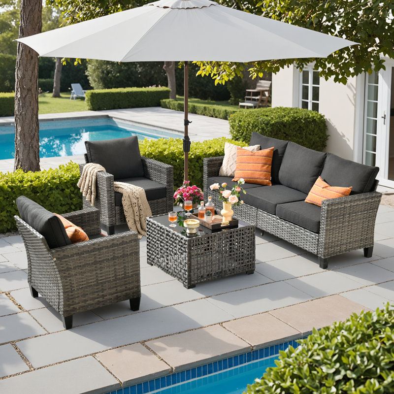 5-Person Outdoor Wicker Sofa Set With Solar Led Coffee Table, All-Weather Rattan Patio Furniture With Cushions For Garden And Backyard