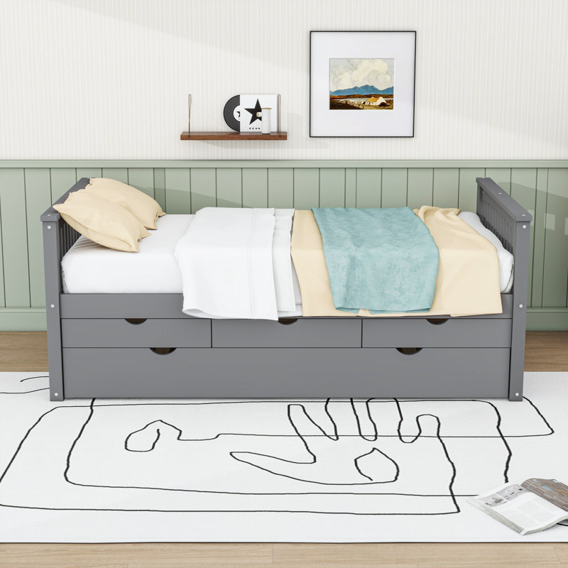 Wood Daybed with Drawers and Trundle, Gray