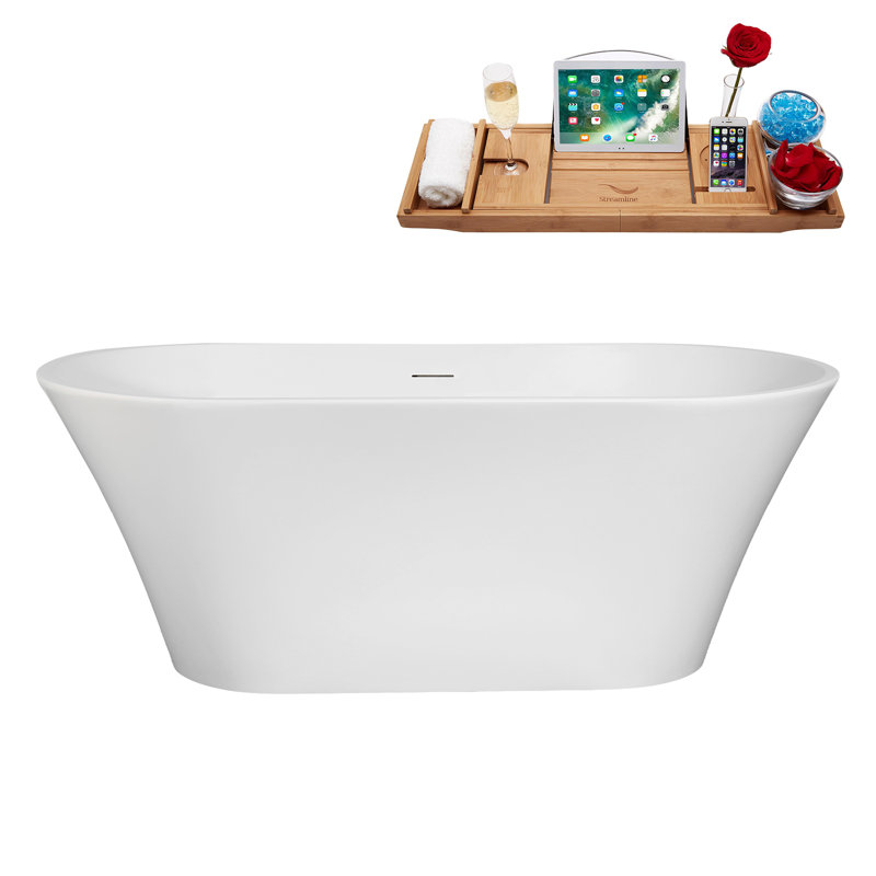 59" Streamline Soaking Freestanding Tub and Tray With Internal Drain, Brushed Gold
