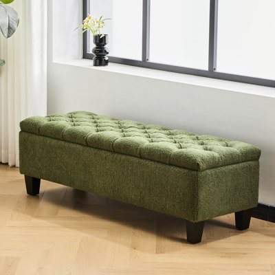 Banc avec surface bouclée et rangement, pieds en bois d'hévéa, capacité de 300 lb, ouverture automatique du couvercle, surpiqûres capitonnées à losanges, idéal pour la décoration intérieure, rangement en boucle de L 50,37 po x l 17,12 po