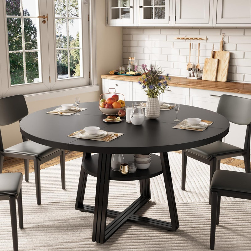 47.2" Round Farmhouse Dining Table Seats 4-6, Wood Top with 2-Tier Storage Shelf & X-Shaped Metal Base for Dining Room Living Room Apartment