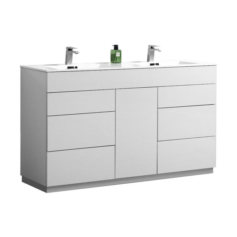 Ensemble de meuble-lavabo double 59 po Ebler Modern, Blanc brillant