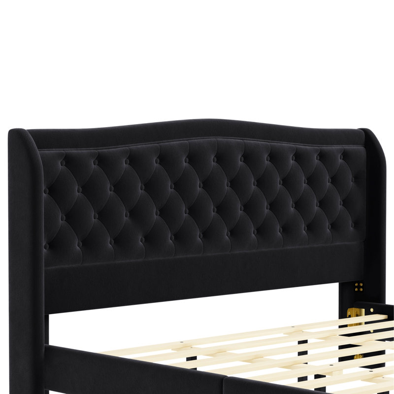 Structure de lit tapissier en velours, structure de lit plate-forme de lit avec tête de lit et pied de lit courbé, support de lattes en bois, aucun sommier nécessaire