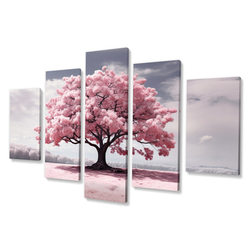 Éveil printanier rose II - décoration murale florale - 5 panneaux