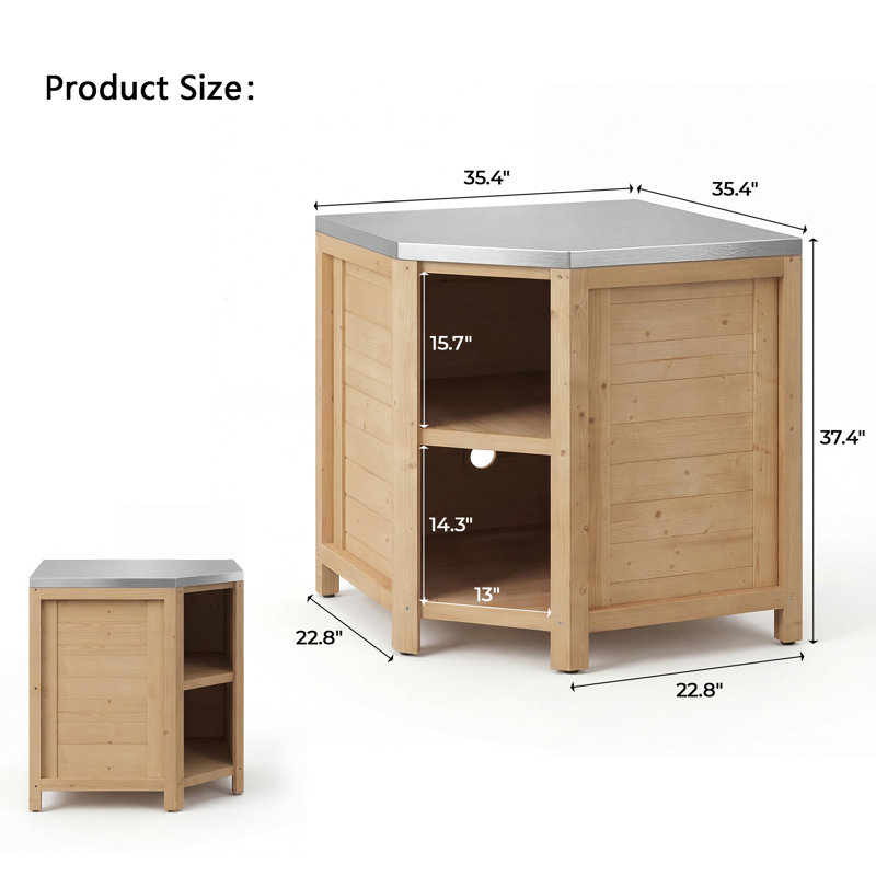 Armoire de rangement d'extérieur en cèdre avec plateau en acier inoxydable, Brun