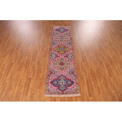 Pink Geometric Traditional Indian Runner Rug 3x10