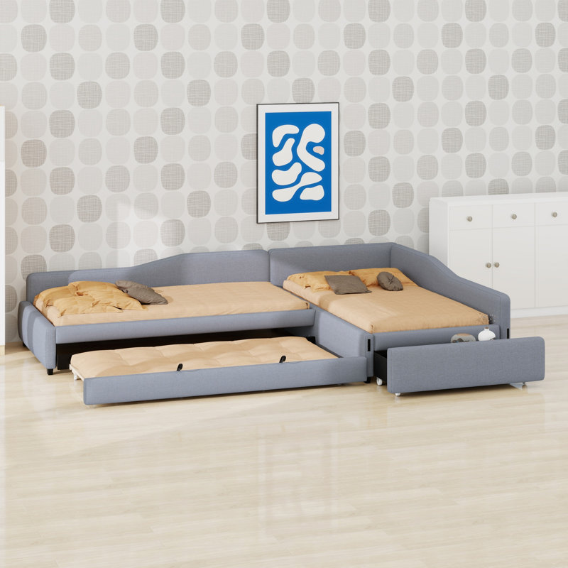 Upholstered Double Daybed With Trundle And Drawer, Gray
