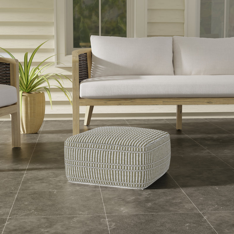 Safford 20"W Woven Recycled Polyester Upholstered Indoor/Outdoor Square Pouf, Natural/Travertine/White