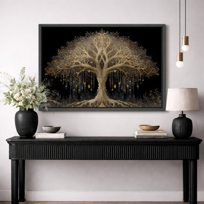 Golden Tree of Life on Black Background - Pictures Framed Canvas Print Wall Art