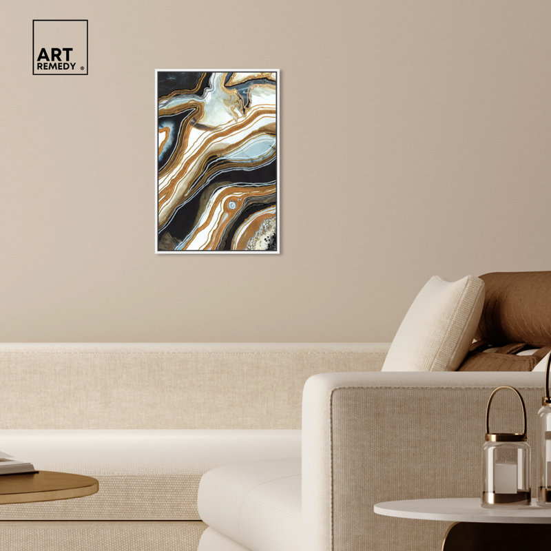 Black and Gold I, White Framed, 25" H x 17" W