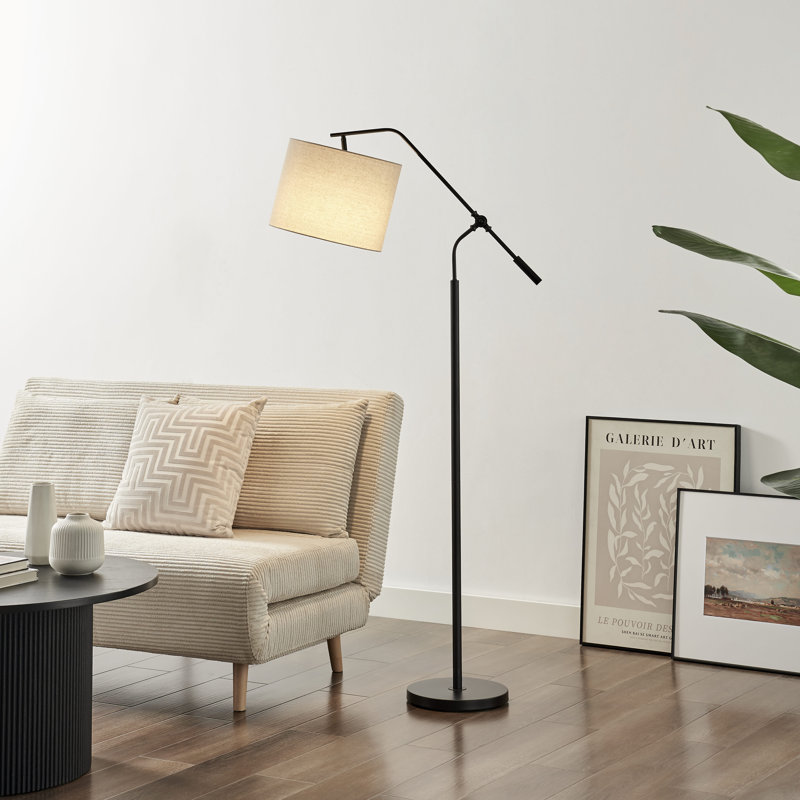 Claudie Sculptural Overhang Arm Standing Floor Lamp With Shade - Industrial Elegant Design, Black