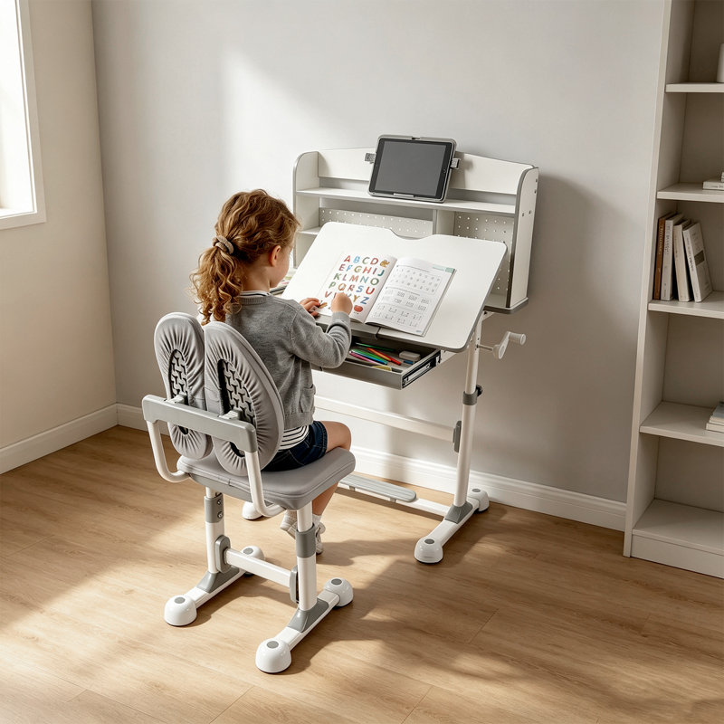 Ensemble table et chaise pour enfants : table d'étude ergonomique à hauteur réglable avec plateau inclinable à 50°, tiroir de rangement et étagère. Poste de travail pour enfants de 3 à 12 ans (gris).