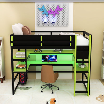 Lit mezzanine avec bureau, lumières RVB, support de rangement latéral et tablettes multiples