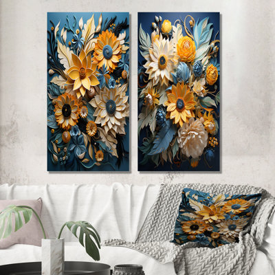 Abstrait bleu et beige tournesols - ensemble de 2 impressions sur toile tournesols