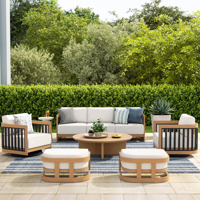 Sereno Patio 5 Person Aluminum Swivel Conversation Set With Cushions And Ottomans, Matted Teak