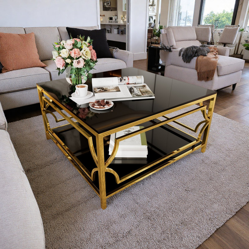 Table basse moderne carrée avec rangement inférieur, Black/Gold