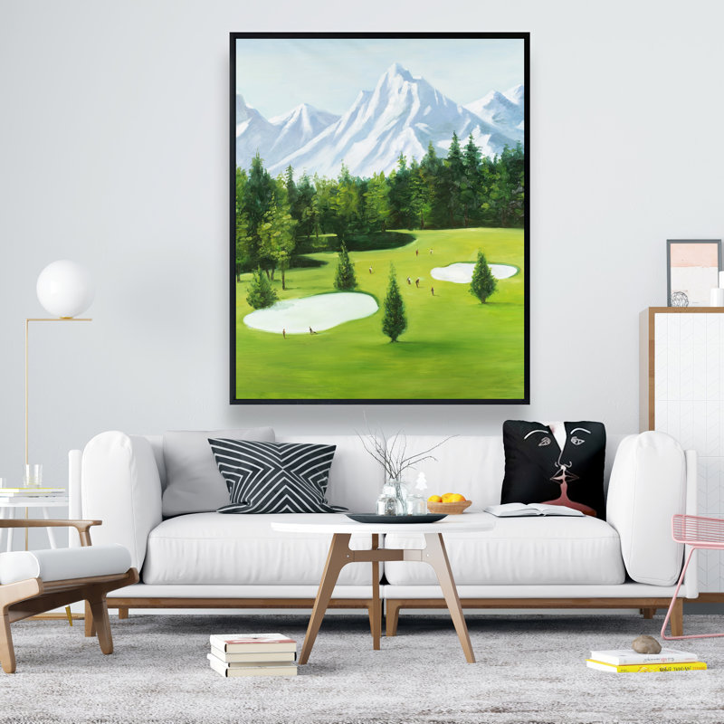 Golf Course with Mountains View - White Framed Canvas Art