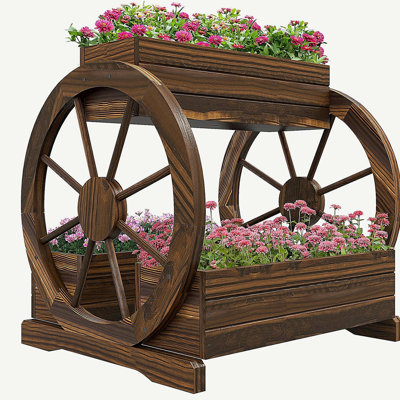 2-Tier Raised Garden Bed, Wooden Wagon Planter Boxes with Drainage Holes, for Vegetables Flowers