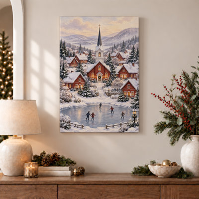«Winter Village Scene With Red Church And Ice Christmas», art mural sur toile