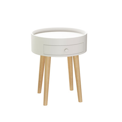 White Nightstand With Drawer & Oak Legs, 18"H Bedside Table For Bedroom Living Room, Scratch-, Simple Installation Storage And Legs - Room Scratch , Fashionable Design