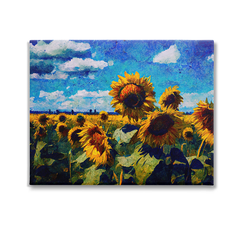 Art mural de champ de tournesols et nuages par Gina Kelly, H 16 po x l 20 po