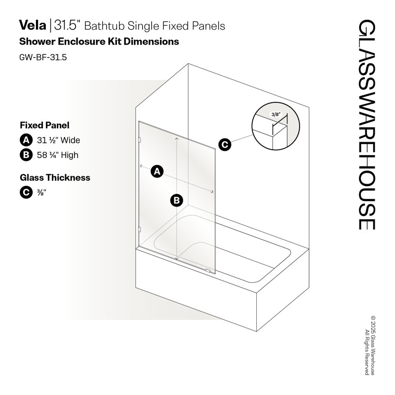 Vela 31.5 in. x 58.25 in. Frameless Single Fixed Bath Panel, Polished Brass