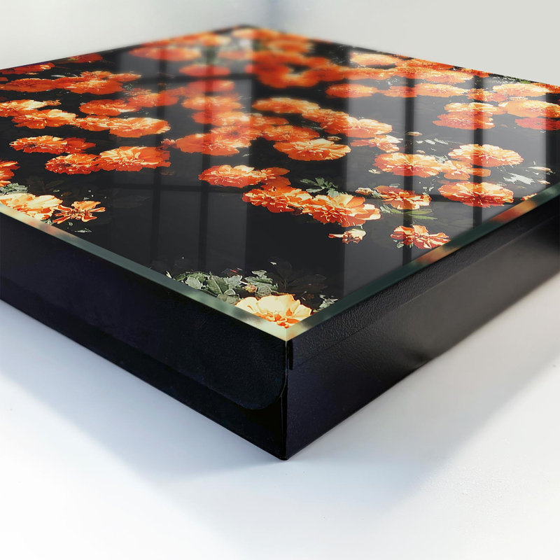 Wall mounted key box, Opens to the right, 30x30x5, Black, Orange flowers on a dark background, 