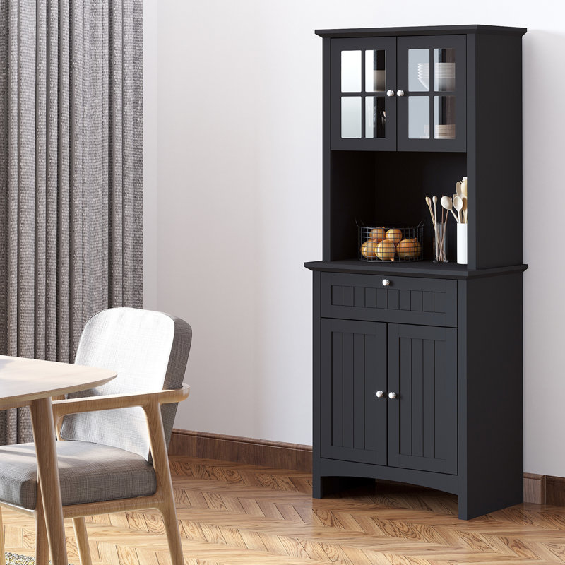 Kitchen Buffet With , Black Pantry Storage Cabinet Drawer & Microwave Space, Adjustable Shelves For Pots And Appliance Elegant Drawer, Space Pan Management