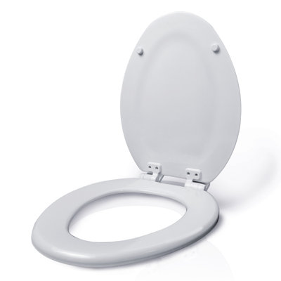 Elongated Slow-Close Toilet Seat with Adjustable Hinges and Easy Removal in White Moulded Wood, Standard Size Fit