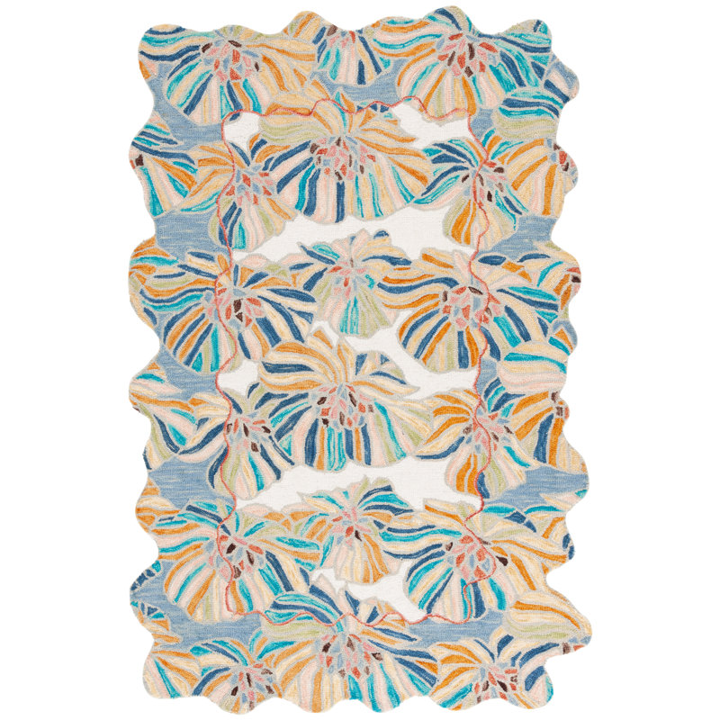 Myung Hand Tufted Wool/Cotton Floral Rug in Ivory/Blue, Rectangle 9' x 12'